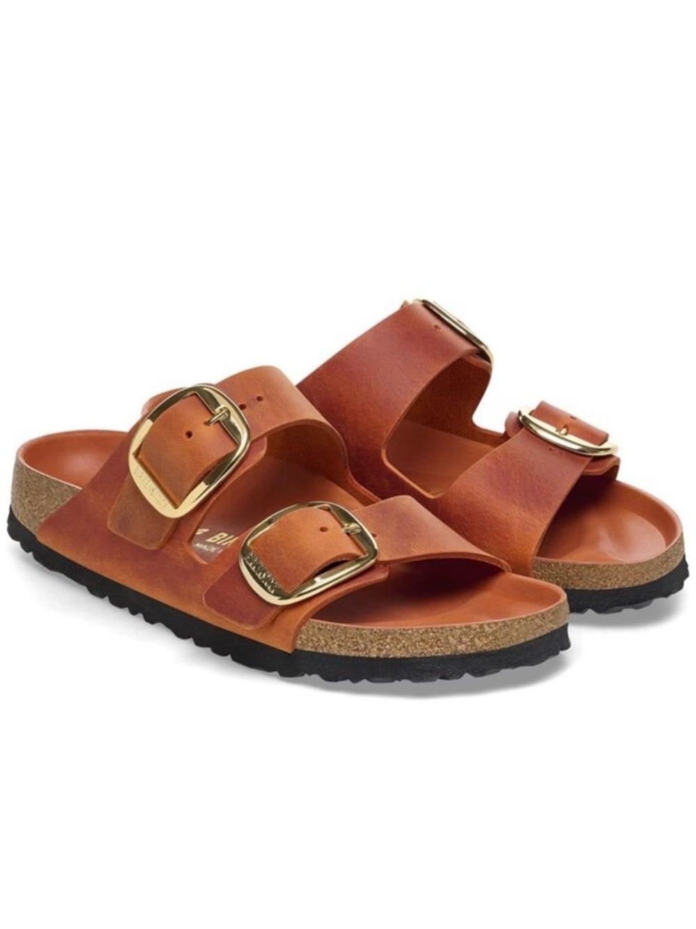Birkenstock Warm Coral Two-Buckle Sandals - Gold Buckles